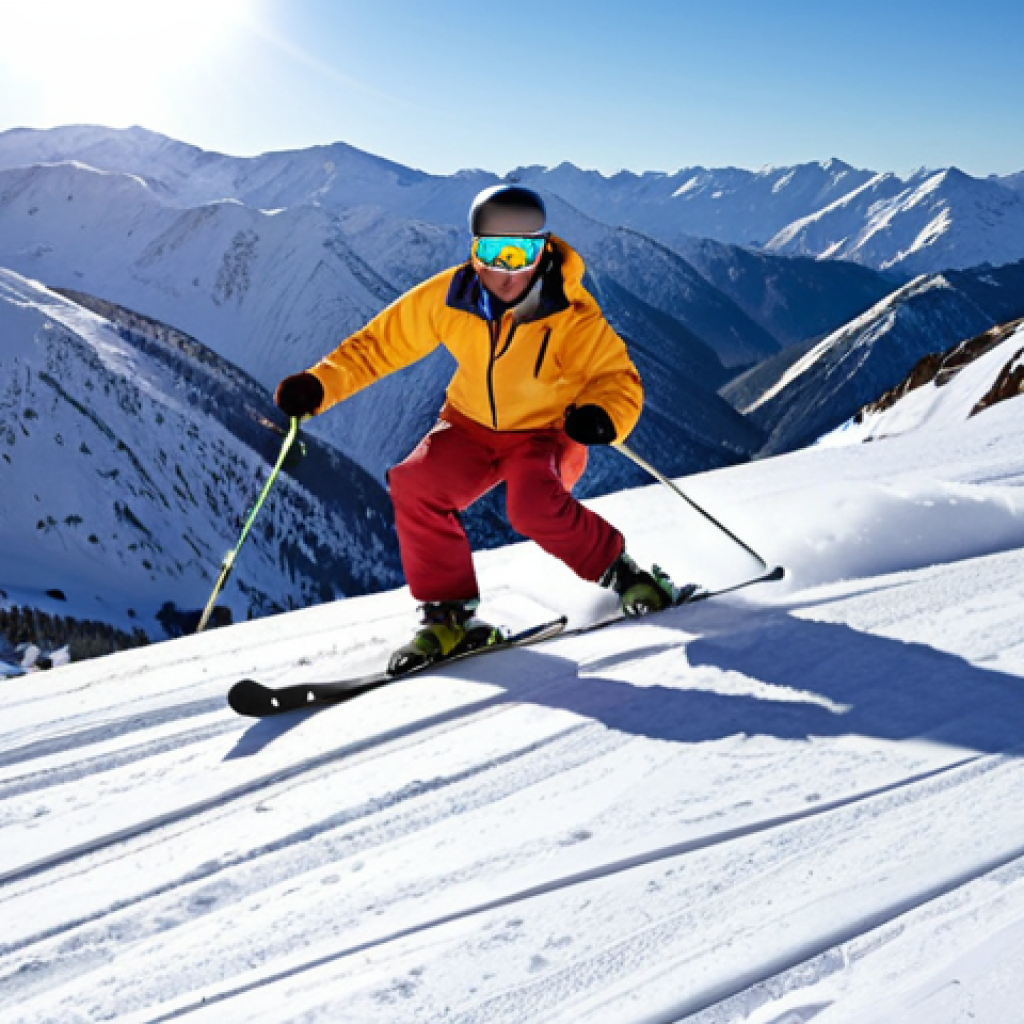 **Action shot of a ski instructor demonstrating a technique on a snowy mountain slope. Focus on dynamic movement and conveying the energy of skiing. The instructor should be wearing professional ski gear. Background features a clear blue sky and other skiers in the distance.**