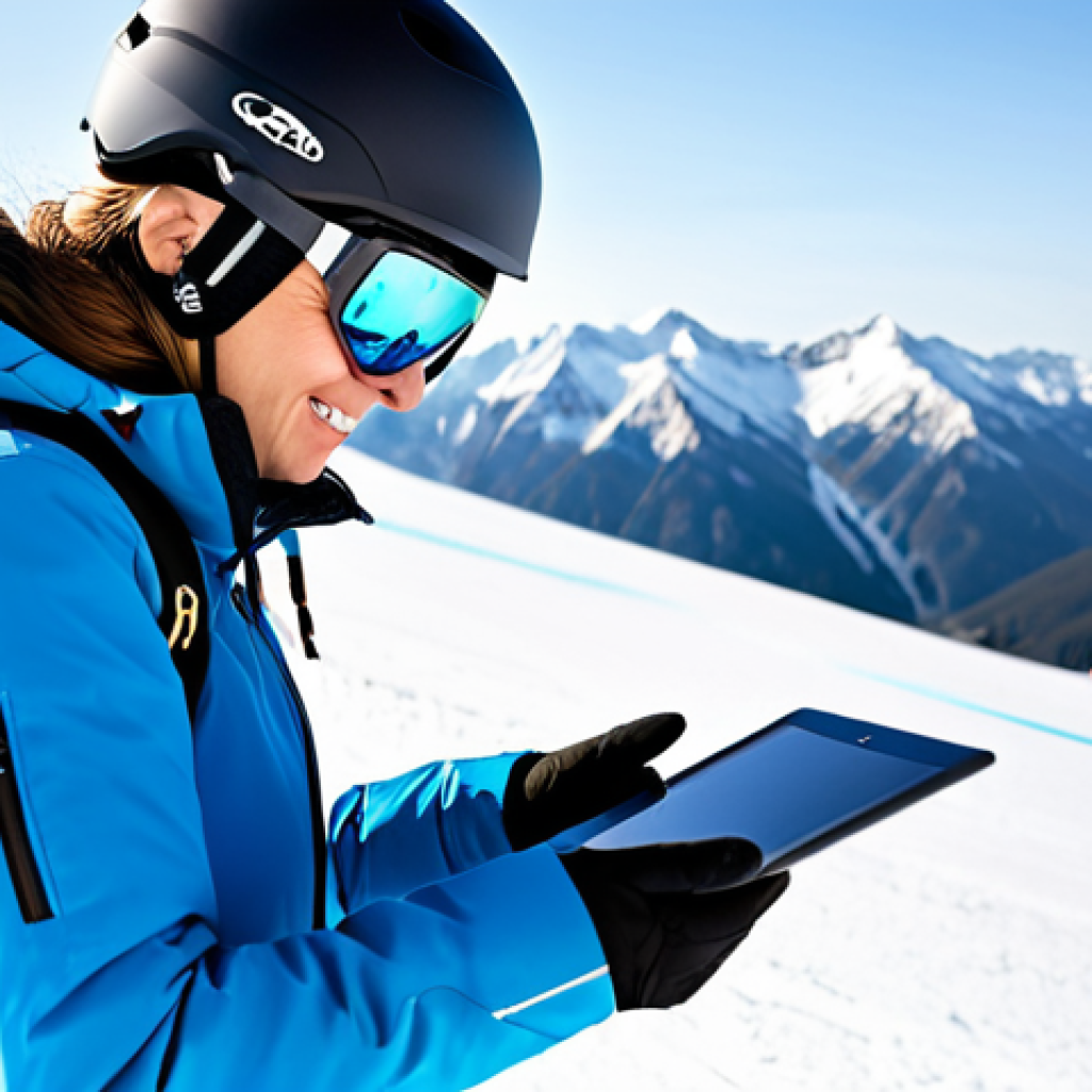 A professional female ski instructor, fully clothed in a modest, modern ski uniform including a warm jacket, insulated pants, helmet, and goggles, demonstrates a ski technique to a young student on a sunny, well-groomed mountain slope. The instructor uses a tablet for instant video analysis, clearly showing a frame of ski movement. The background features blurred, snow-capped peaks. Professional photography, high resolution, natural light, perfect anatomy, correct proportions, well-formed hands, proper finger count, natural body proportions, safe for work, appropriate content, fully clothed, professional, family-friendly.