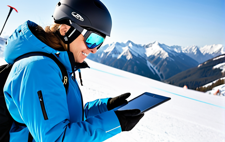 A professional female ski instructor, fully clothed in a modest, modern ski uniform including a warm jacket, insulated pants, helmet, and goggles, demonstrates a ski technique to a young student on a sunny, well-groomed mountain slope. The instructor uses a tablet for instant video analysis, clearly showing a frame of ski movement. The background features blurred, snow-capped peaks. Professional photography, high resolution, natural light, perfect anatomy, correct proportions, well-formed hands, proper finger count, natural body proportions, safe for work, appropriate content, fully clothed, professional, family-friendly.