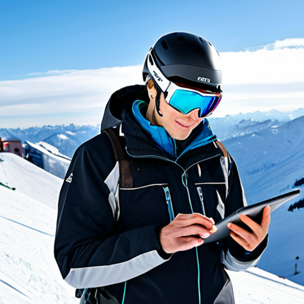 A professional ski instructor, fully clothed in a modern, modest, and appropriate winter sports suit, stands on a pristine snowy mountain slope, holding a tablet to show a student their performance data. The student, also fully clothed in high-tech, professional ski gear, looks at the screen with interest. The background features a clear, blue sky over a contemporary ski resort. The image captures the essence of technology-enhanced learning in a natural, open environment. Perfect anatomy, correct proportions, natural pose, well-formed hands, proper finger count, natural body proportions, professional photography, high quality, safe for work, appropriate content, family-friendly.