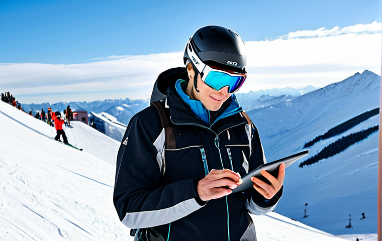 A professional ski instructor, fully clothed in a modern, modest, and appropriate winter sports suit, stands on a pristine snowy mountain slope, holding a tablet to show a student their performance data. The student, also fully clothed in high-tech, professional ski gear, looks at the screen with interest. The background features a clear, blue sky over a contemporary ski resort. The image captures the essence of technology-enhanced learning in a natural, open environment. Perfect anatomy, correct proportions, natural pose, well-formed hands, proper finger count, natural body proportions, professional photography, high quality, safe for work, appropriate content, family-friendly.