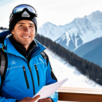 A determined male ski instructor, in a crisp, professional ski uniform, stands confidently against a backdrop of majestic snow-covered peaks and a modern ski resort office. He holds a stack of certification papers and a passport, symbolizing the training and bureaucratic challenges. The scene conveys a sense of ambition and preparation. Professional photography, high-quality, fully clothed, appropriate attire, modest clothing, safe for work, perfect anatomy, correct proportions, natural pose, well-formed hands, proper finger count, natural body proportions.