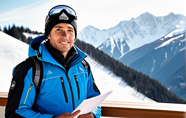 A determined male ski instructor, in a crisp, professional ski uniform, stands confidently against a backdrop of majestic snow-covered peaks and a modern ski resort office. He holds a stack of certification papers and a passport, symbolizing the training and bureaucratic challenges. The scene conveys a sense of ambition and preparation. Professional photography, high-quality, fully clothed, appropriate attire, modest clothing, safe for work, perfect anatomy, correct proportions, natural pose, well-formed hands, proper finger count, natural body proportions.