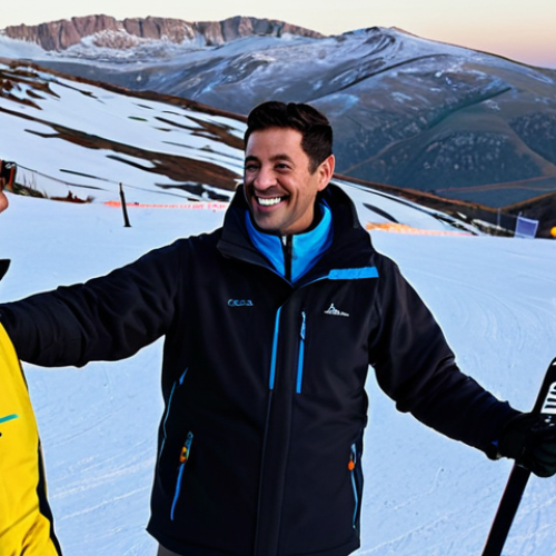 Networking Event**

A friendly ski instructor, fully clothed in professional winter gear, at an après-ski event in the Serra da Estrela mountains. He is engaging in conversation with potential clients, smiling and gesturing towards the slopes in the background. Warm lighting, safe for work, appropriate attire, family-friendly, professional setting, perfect anatomy, natural proportions.

**