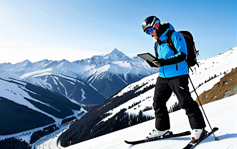 스키 강사의 새로운 교육 도구 활용법 - Digital Tools for Ski Instruction**
"A ski instructor, fully clothed in professional ski gear, hold...