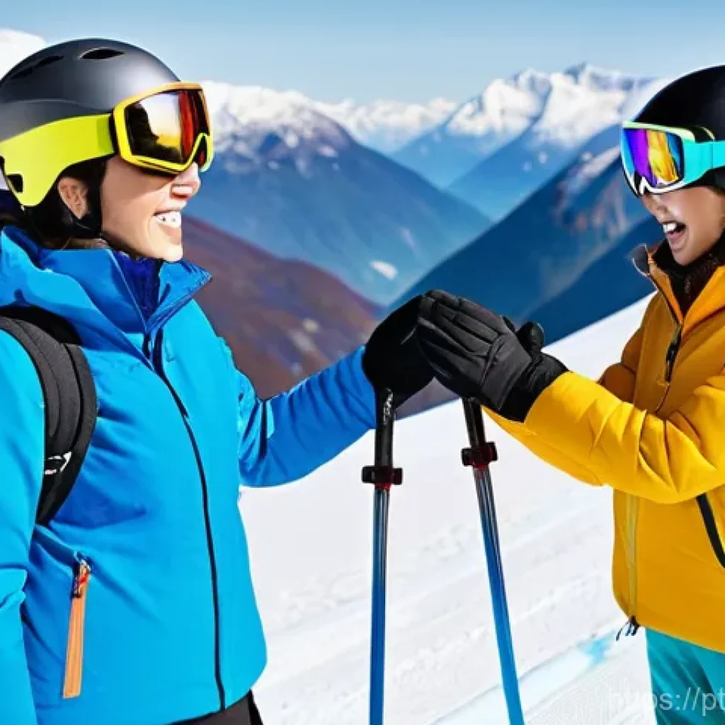 스키 강사의 외국어 능력 필요성 - **Prompt:** A vibrant, sun-drenched ski slope in the Alps. A female ski instructor, aged around 30, ...