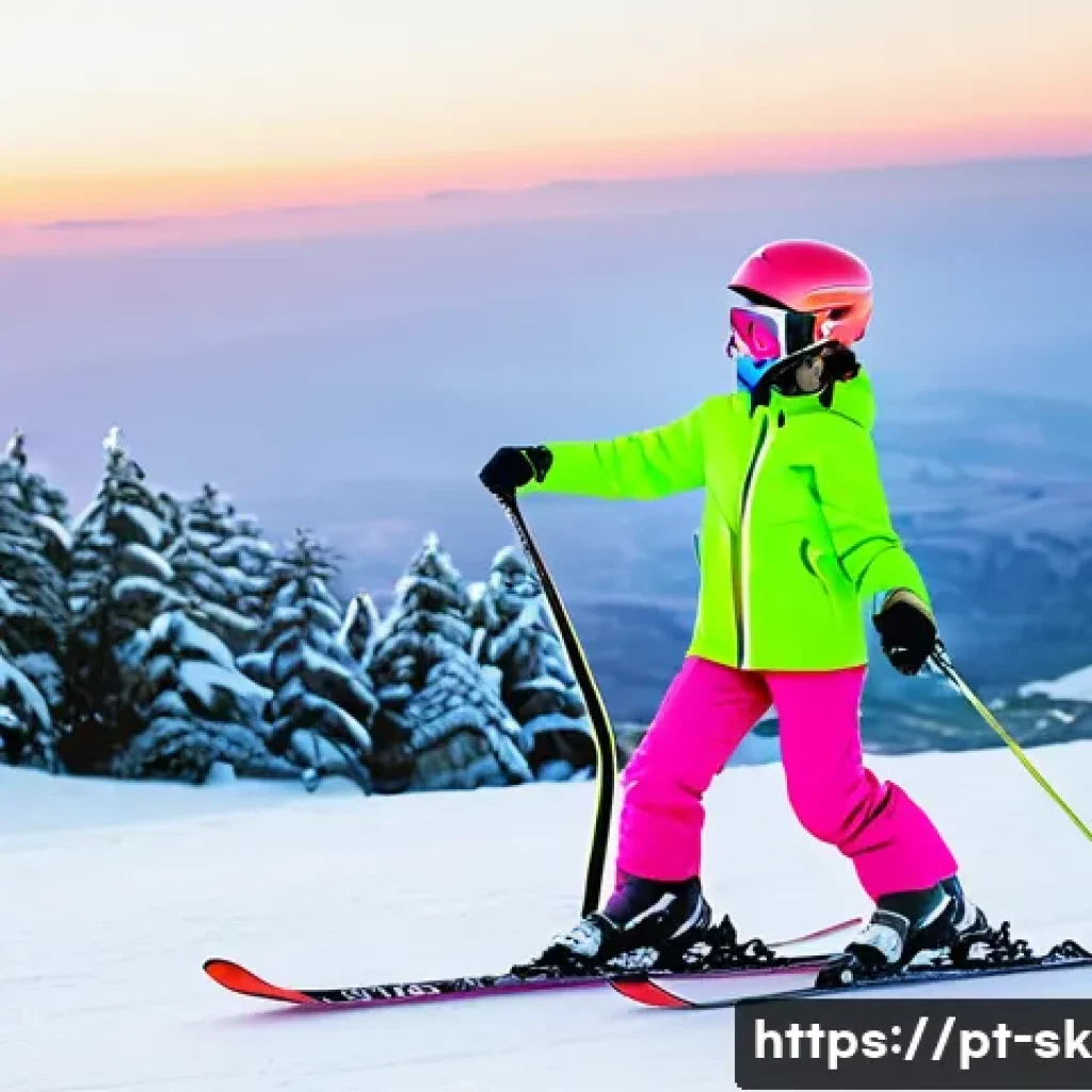 스키 강사의 리더십 인증 과정 - **Prompt:** "A young girl, around 7 years old, wearing a colorful ski suit and a helmet, learning to...