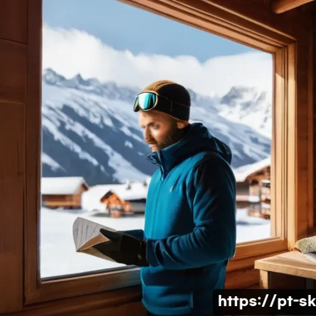 스키 강사의 시간 관리와 효율성 - **Prompt:** A cozy, rustic ski chalet interior bathed in warm, soft morning light. A meticulous ski ...
