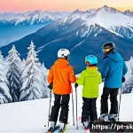 Home 21 스키 강사의 고객 중심 전략 개발 - A diverse group of skiers on a snowy mountain slope during a ski lesson, featuring a friendly instru...