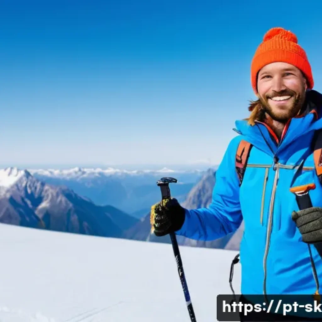 스키 강사의 동기부여 유지 방법 - A passionate ski instructor standing on a snowy mountain peak surrounded by stunning alpine scenery,...