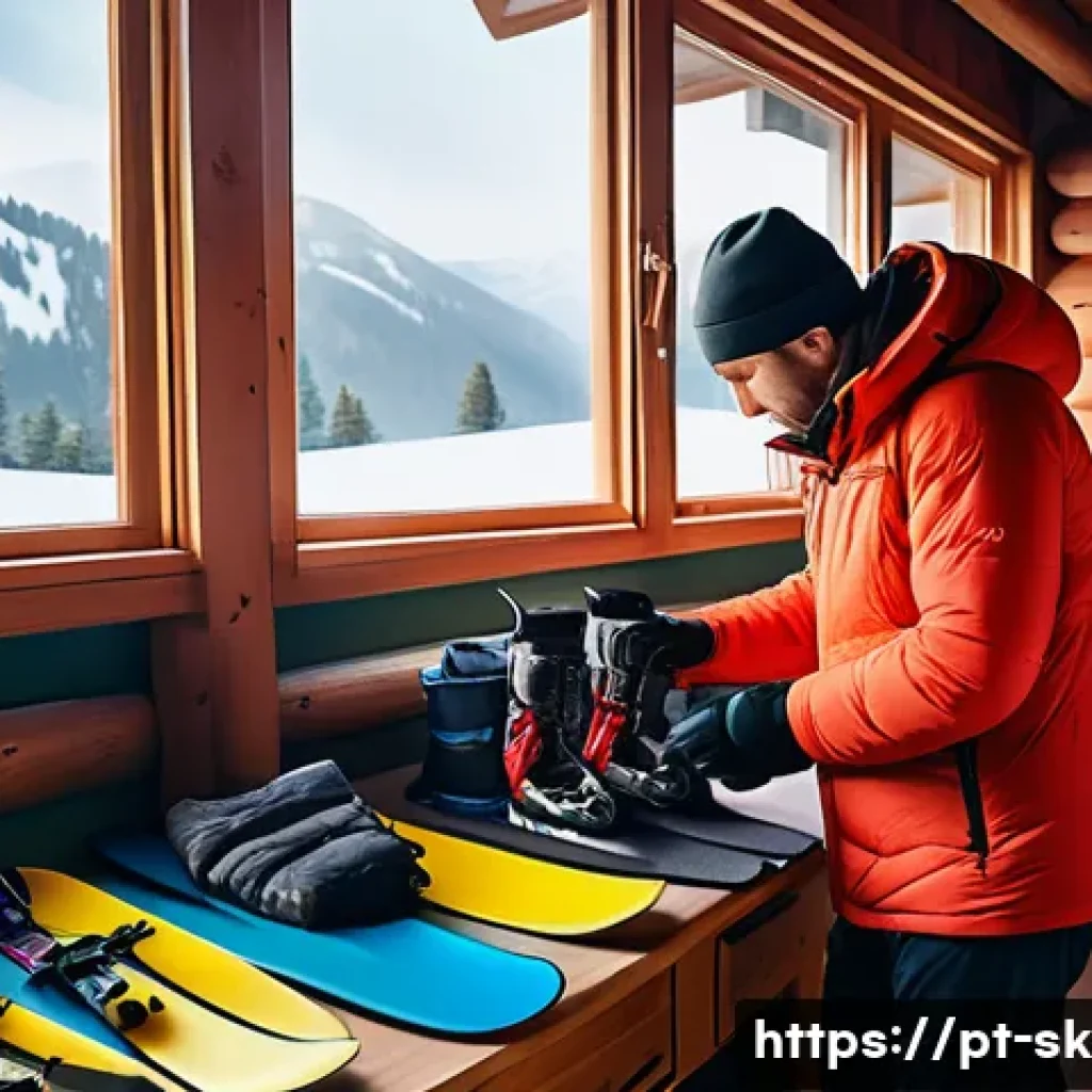 스키 강사의 이직을 고민하는 이유 - A tired ski instructor preparing equipment early morning in a snowy mountain lodge, wearing warm win...