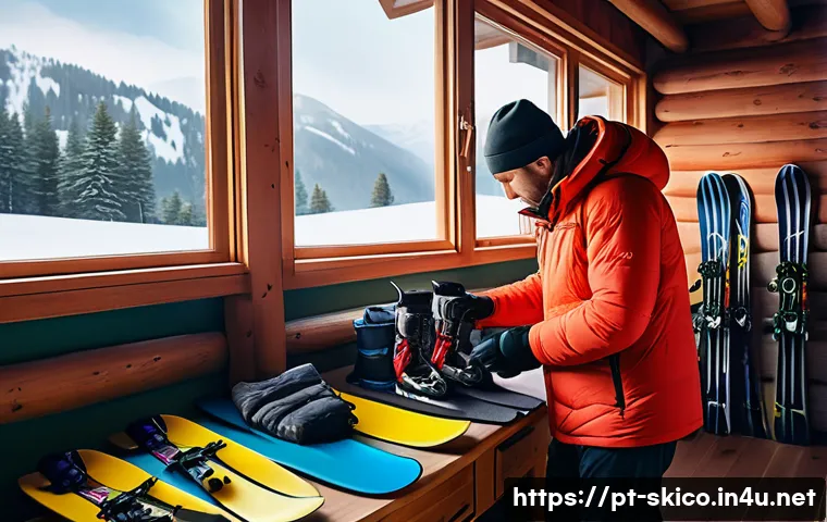 스키 강사의 이직을 고민하는 이유 - A tired ski instructor preparing equipment early morning in a snowy mountain lodge, wearing warm win...