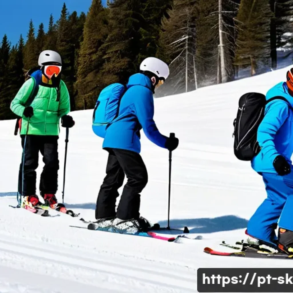 스키 강사의 업무와 학습 조화 - A diverse group of ski students on a snowy mountain slope, including children wearing colorful ski o...