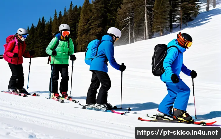 스키 강사의 업무와 학습 조화 - A diverse group of ski students on a snowy mountain slope, including children wearing colorful ski o...
