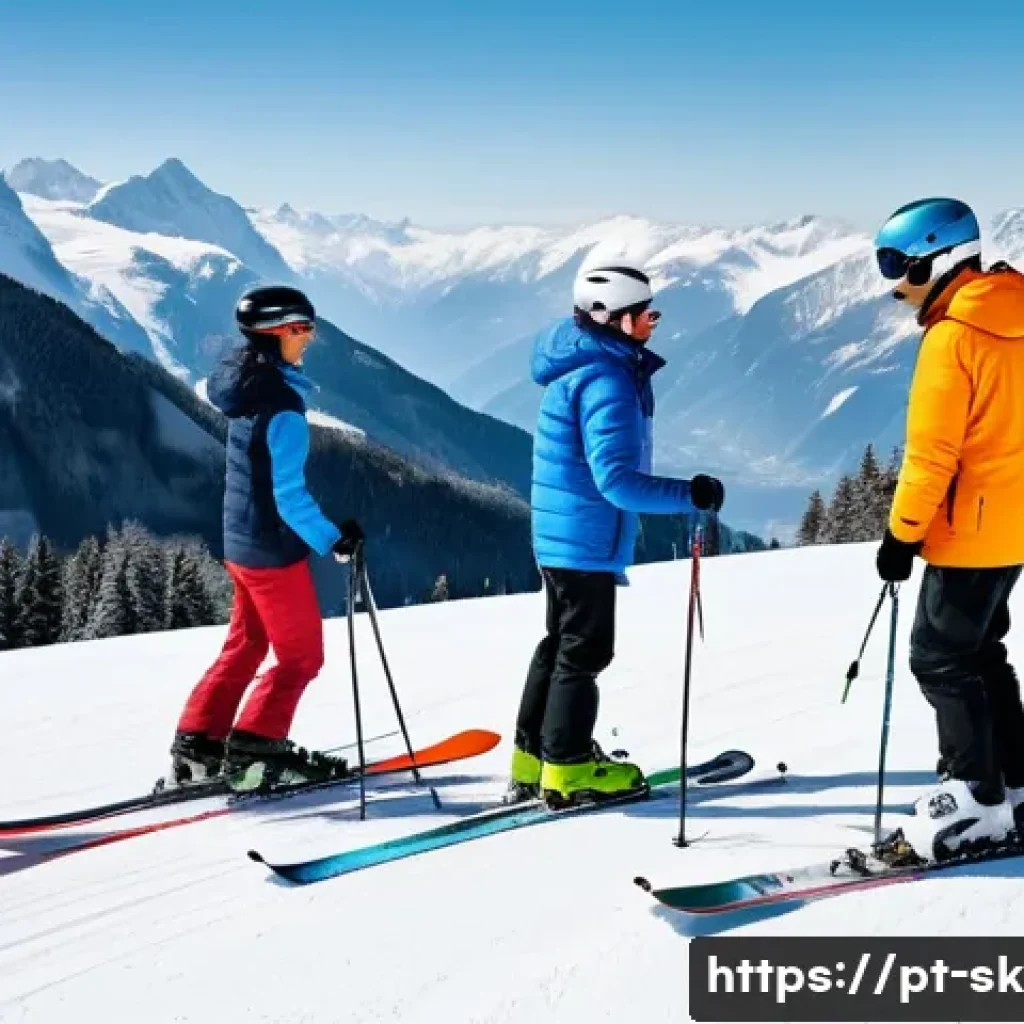 스키 강사의 실전 티칭 사례 - A ski instructor assessing a diverse group of beginner students on a gentle, snow-covered slope in t...