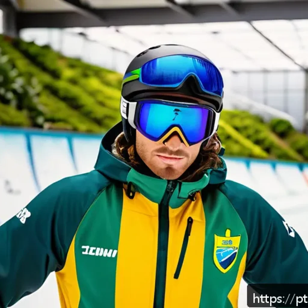스키 강사의 국제 대회 참여 사례 - A determined Brazilian ski instructor training intensely on an artificial indoor ski slope in a trop...