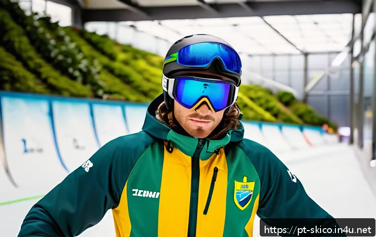 스키 강사의 국제 대회 참여 사례 - A determined Brazilian ski instructor training intensely on an artificial indoor ski slope in a trop...