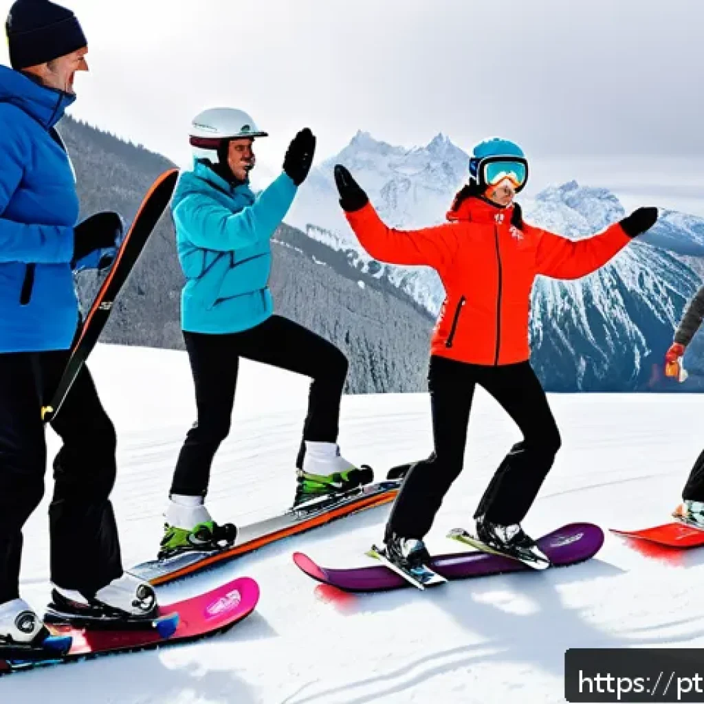 스키 강사의 글로벌 트렌드 활용 - A dynamic ski training session outdoors featuring a diverse group of adult beginners wearing colorfu...