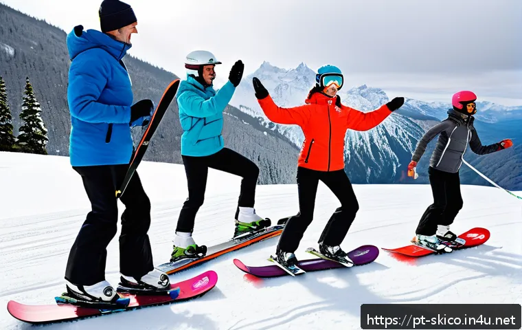 스키 강사의 글로벌 트렌드 활용 - A dynamic ski training session outdoors featuring a diverse group of adult beginners wearing colorfu...