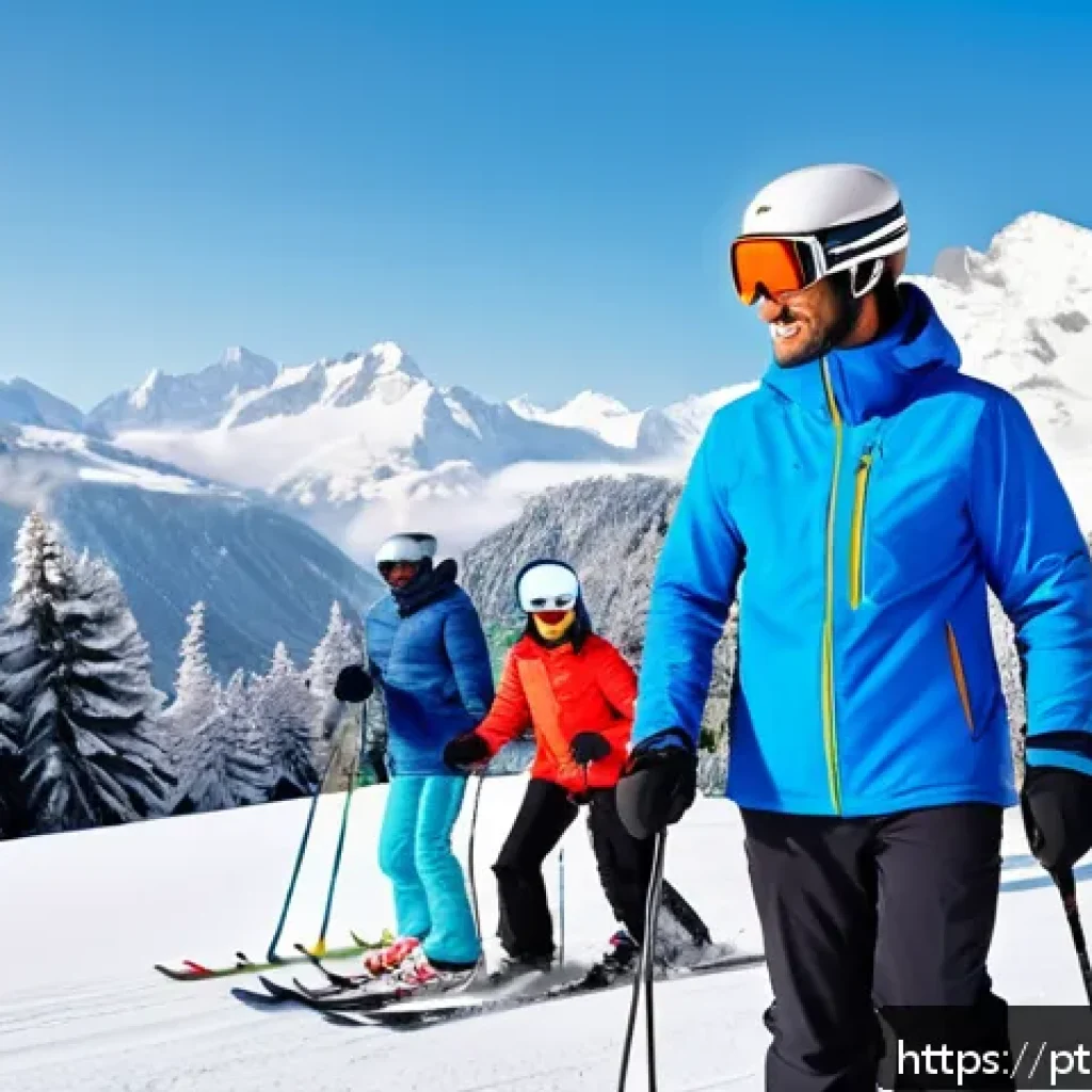 스키 강사의 티칭 목표 설정 사례 - A welcoming ski instructor gently guiding a diverse group of adult beginners on a snowy slope in the...