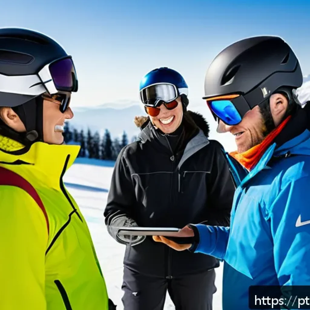 스키 강사의 자격증 갱신 팁 - A professional ski instructor in mid-action teaching a diverse group of adult students on a snowy mo...