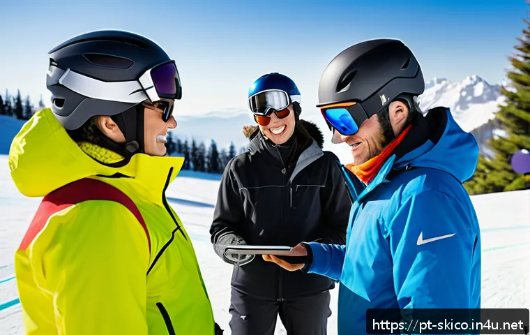 스키 강사의 자격증 갱신 팁 - A professional ski instructor in mid-action teaching a diverse group of adult students on a snowy mo...