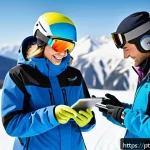 스키 강사의 글로벌 시장 분석 사례 - A modern ski instructor using a high-tech tablet app on a snowy mountain slope to monitor a young ad...