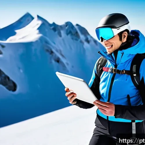 스키 강사의 강의 효과 분석 사례 - A professional ski instructor wearing modern winter sports gear and a helmet with visible motion sen...