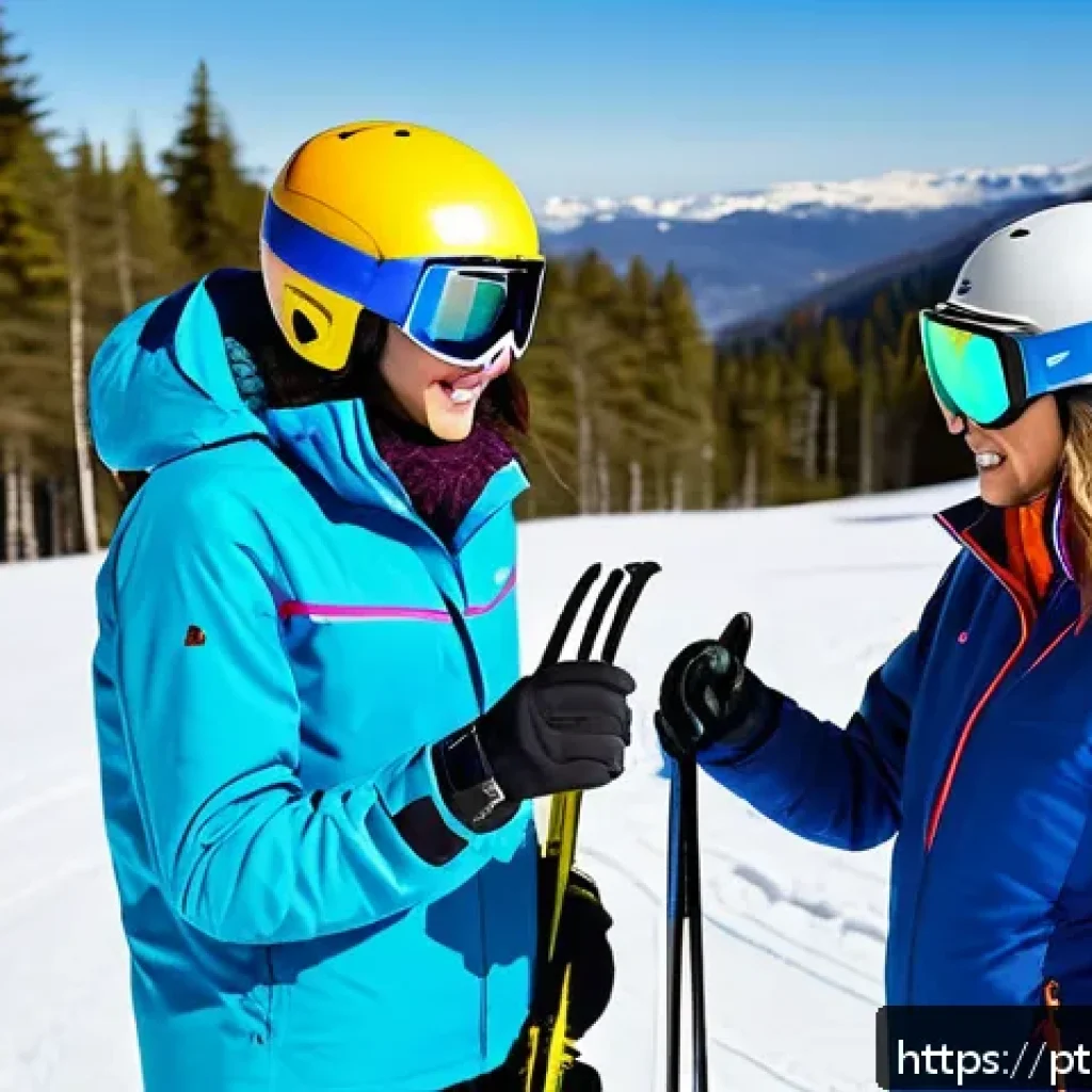 스키 강사의 고객 피드백 시스템 - A professional ski instructor and a young adult student engaged in an open, friendly dialogue on a s...