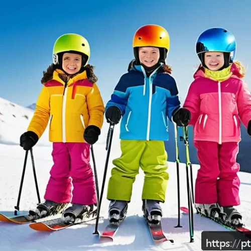 스키 강사의 어린이 수업 기술 - A cheerful group of young children wearing colorful ski outfits, snug helmets, and properly fitted s...