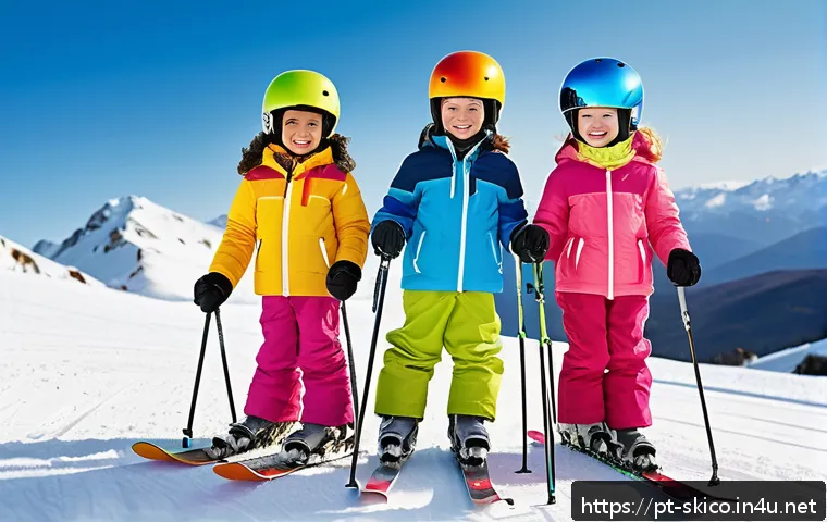 스키 강사의 어린이 수업 기술 - A cheerful group of young children wearing colorful ski outfits, snug helmets, and properly fitted s...