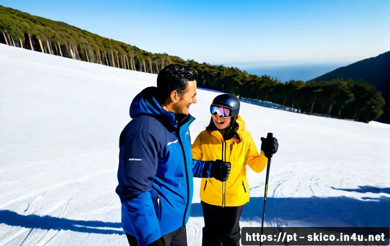 Home 17 스키 강사의 고객 기반 확장 사례 - Photorealistic ski instructor in a clean navy jacket guiding a small multigenerational group of adul...