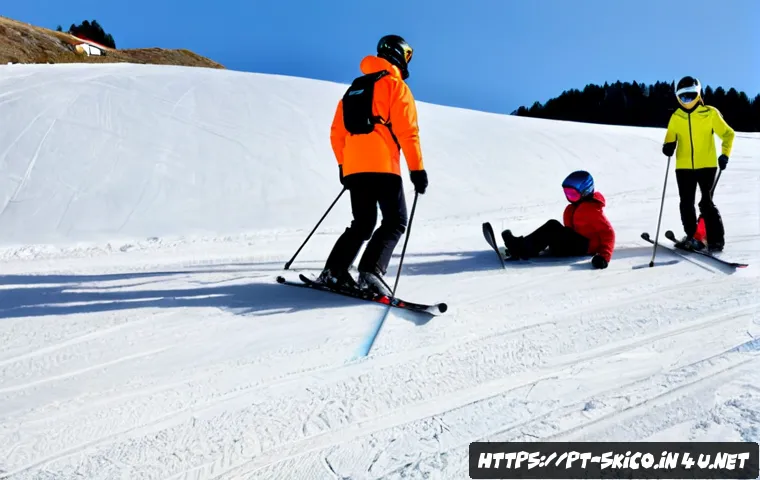스키 강사의 초보자 대상 안전 수업 사례 - Photorealistic ski safety lesson for adult beginners at a sunny Portuguese mountain resort, patient ...