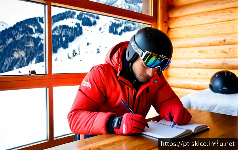 Home 30 스키 강사 업무일기 작성 팁 - Photorealistic winter ski instructor at a cozy alpine lodge desk after a lesson, wearing a red insul...
